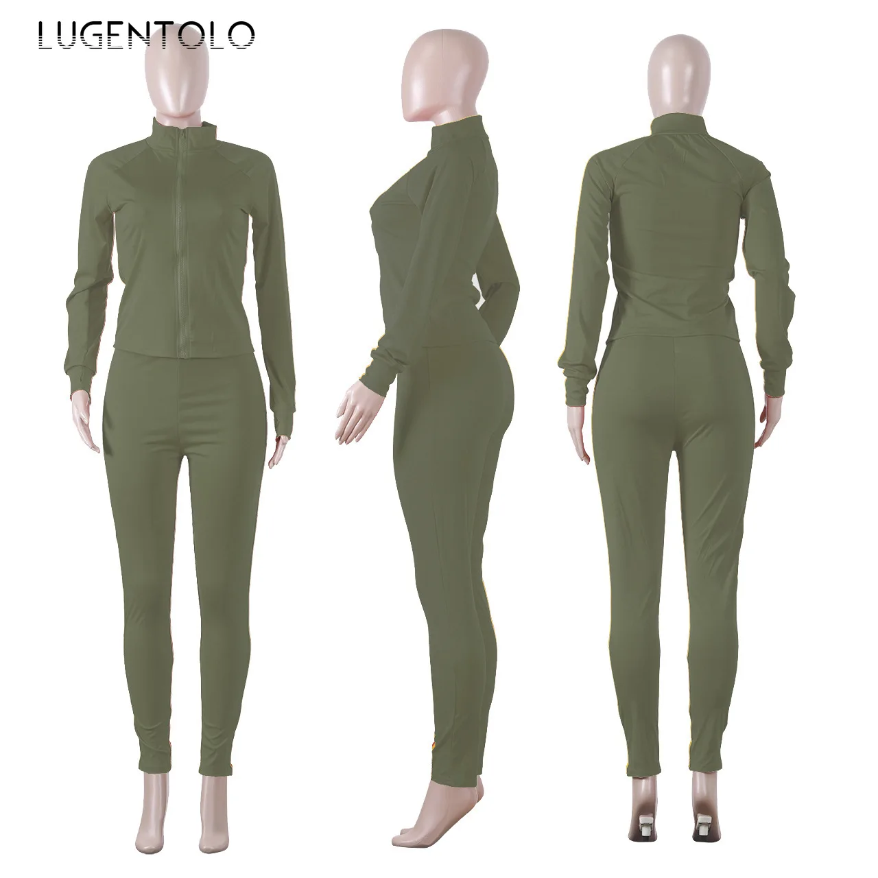 

Lugentolo Women Two Piece Set Top and Pants Slim Solid Multicolor Long Sleeve O-neck Zipper Tight Sports Casual Lady Simple Sets