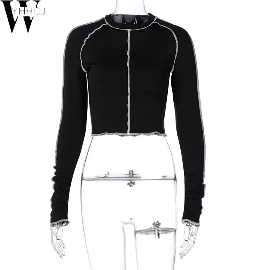 

WYHHCJ 2020 Black Patchwork Tie Dye O-Neck Crop Tops Women Long Sleeve Fashion Street Style T Shirts Bodycon Skinny Autumn Tees