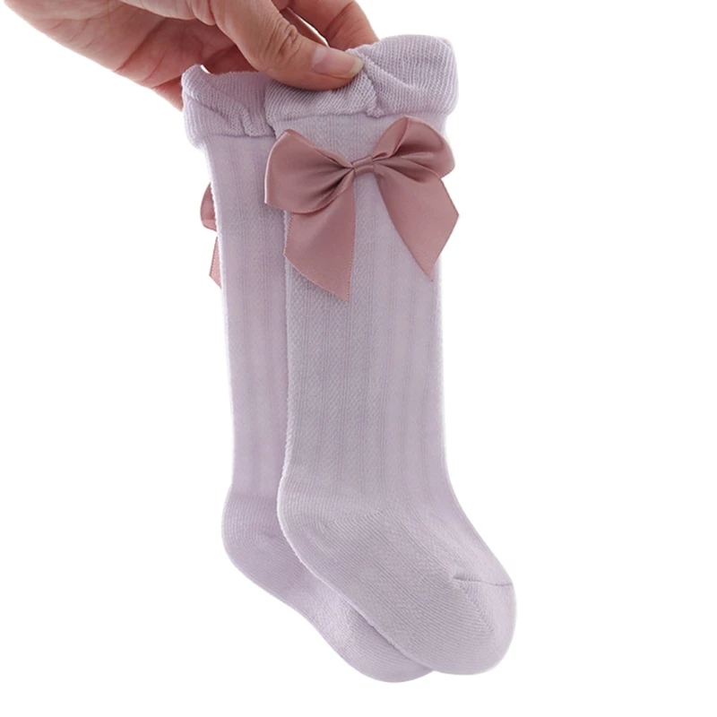 

Newborn Baby Girls Summer Thin Mesh High Tube Socks Sweet Bow Solid Color Anti-Mosquito Cotton Over the Knee Stockings