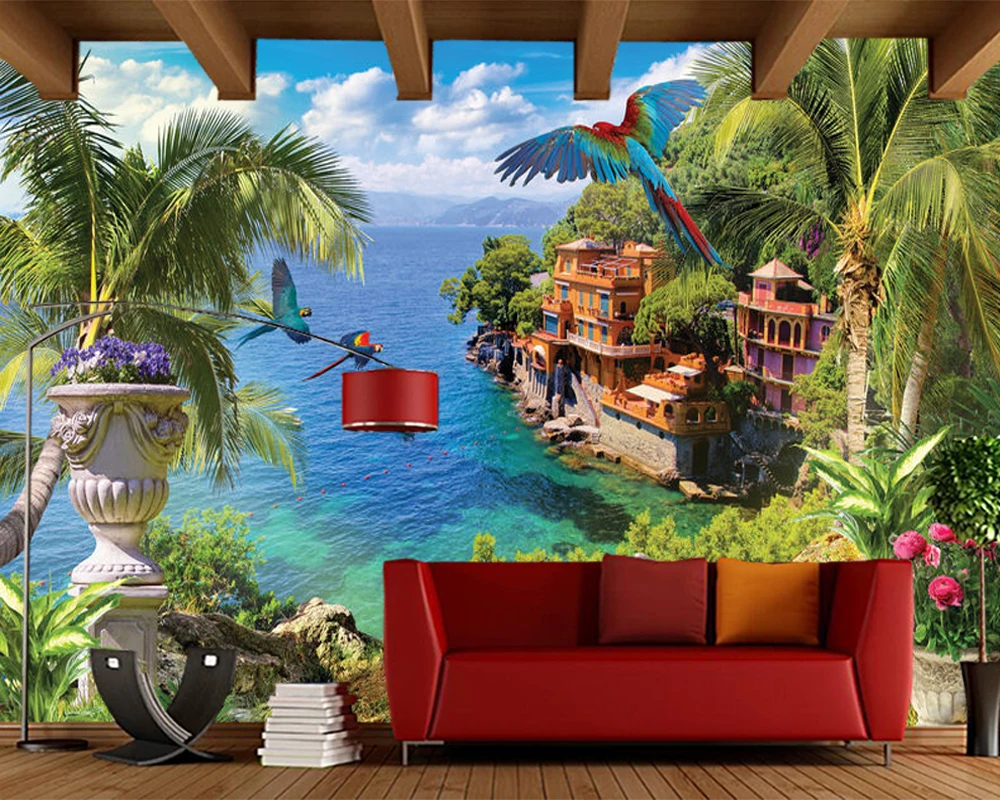 Papel de parede Caribbean Coastal Town sea trees 3d landscape wallpaper living room kitchen bedroom wall papers home decor mural |