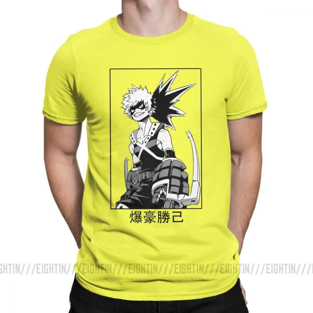 Мужская футболка с надписью «Katsuki Bakugo», футболка с надписью «My Hero Academy», новинка, топы с короткими рукавами и круглым вырезом, хлопковые футболки размера плюс - Цвет: Цвет: желтый