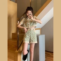 vintage casual two piece suit women 2021 summer new short sleeved shirt crop top wide leg shorts sets womans clothing