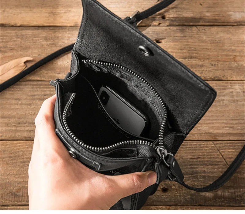 Simple casual designer natural real leather men's black shoulder bag everyday outdoor small mini mobile phone messenger bag