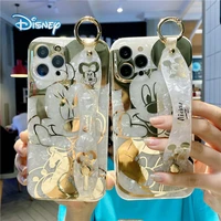 disney mickey minnie bronzing soft phone case for iphone 13 12 11 pro max x xr 7 8 plus se cartoon phone cover with wristband