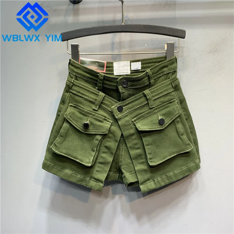 

High quality Denim Shorts Skirt Women Pocket Fashion ArmyGreen High Waist Jeans Shorts Female Loose Wide Leg Short Pants