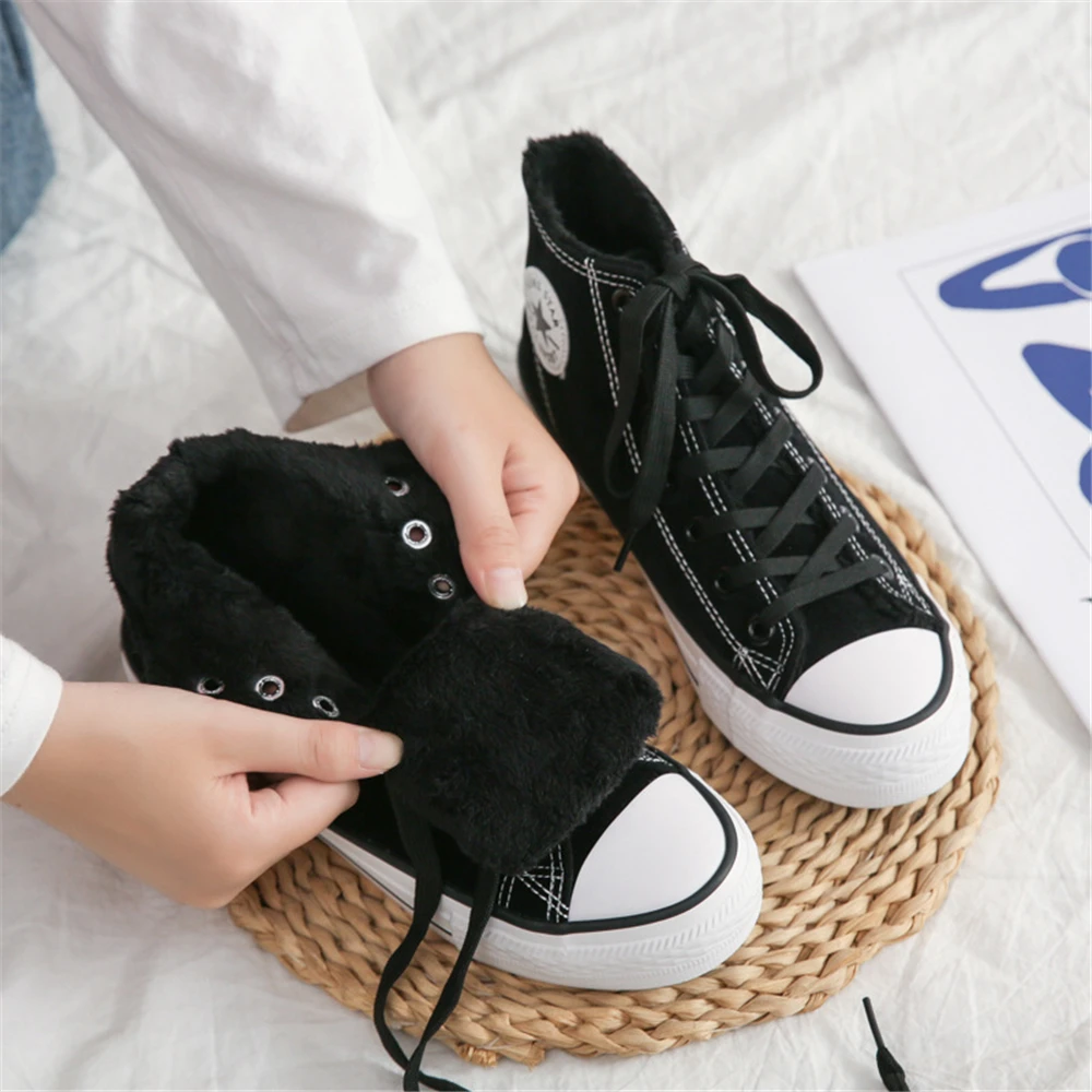 

Classic Women Canvas Shoes Autumn Winter Short plush warm Flats Woman Vulcanized Shoes High Top Female Casual Shoes 2021 New 40