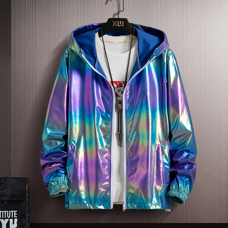 

2021 Men's Summer Ultra-Light Hood Jacket Thin Windbreaker Fashion Shiny Sunscreen Casual Zipper Coat Packable Bomber Jacket