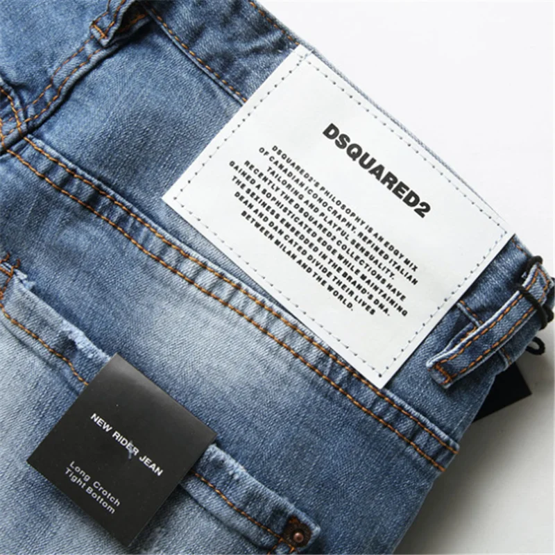 

European Italy dsq brand Men slim patchwork letter Moto & Biker pants black hole jeans for men 1056