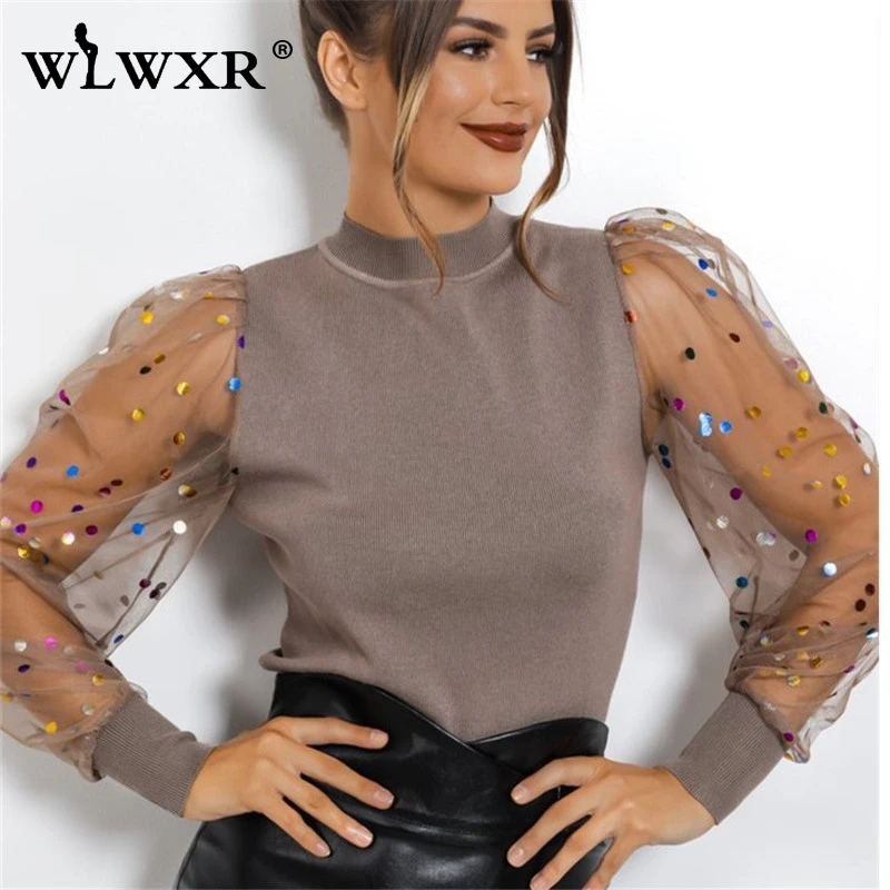 WLWXR черная Повседневная осенне зимняя сетчатая трикотажная Сексуальная Блузка в
