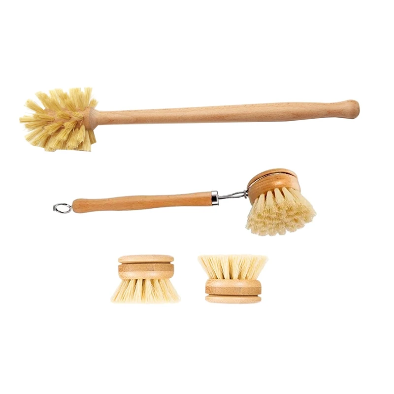 

Natural Bamboo Dish Brush & Wood Bottle Brush for Wide Mouth Bottles, Cups and Jars, 2 Replacement Heads Included