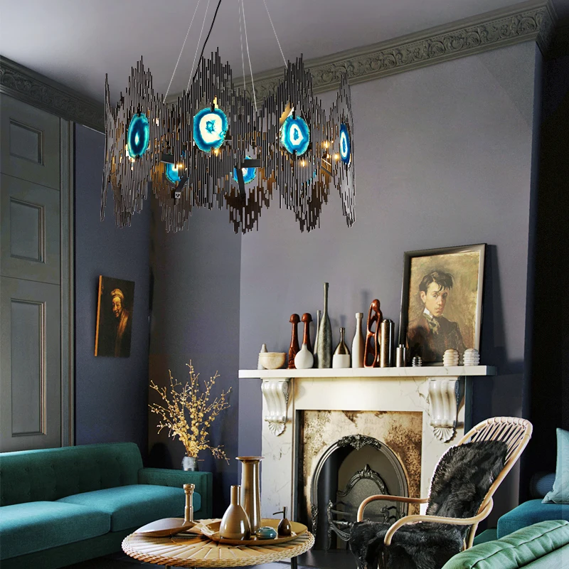 LUKLOY Современный золотой потолочный люстра светильник из агата с освещением на светодиодах, подвесная лампа для внутреннего освещения столовой.