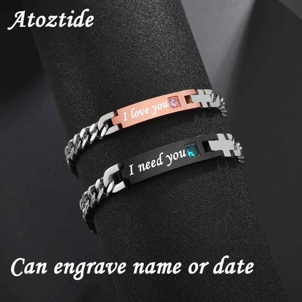 

Atoztide Customized Stainless Steel Couple Lover Bracelet For Men Women CZ Stone Engrave Text Date Bracelets Jewlery Gift