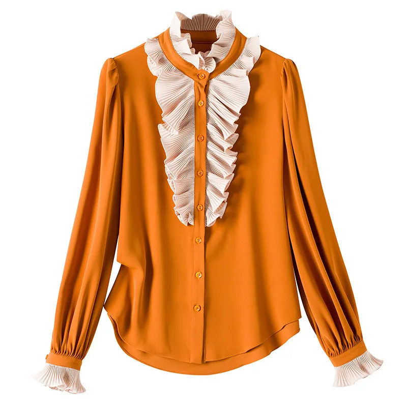 

High Quality Runway Designers Spring Elegant Ruffles Patchwork Flare Sleeve Women Blouses Office Lady Shirts Fashion Party Tops