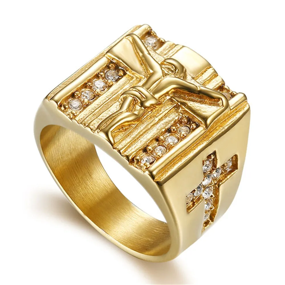 

Jesus Christ Church Ring Gold Color Iced Out Stainless Steel Religion Cross Rings For Men Punk Prayer Jewelry Gifts Dropshipping