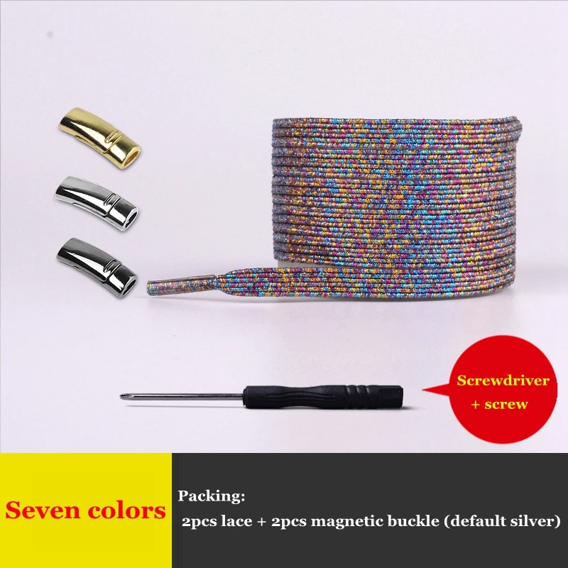 Seven colors 1 пара, плоские шнурки с металлической магнитной пряжкой, эластичные шнурки без завязок, шнурки для обуви для детей и взрослых, кроссовки унисекс, шнурки, шнурки для быстрой носки - Color: Seven colors