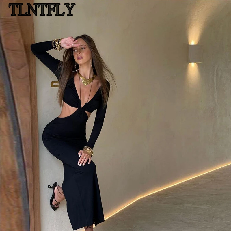 

TLNTFLY 2021 осенние сексуальные черные Макси-платья с длинным рукавом и лямкой на шее, облегающие модные наряды, длинные платья с разрезом, обтяг...
