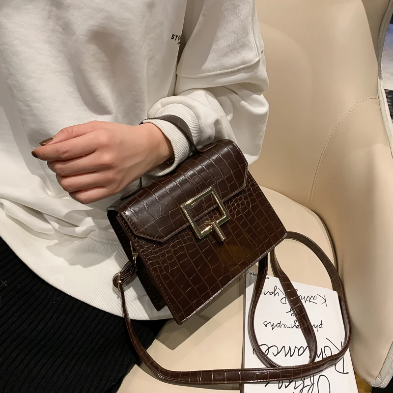 Metal Stone Pattern PU Leather Small Lock Shoulder Messenger Bag Simple Lady Travel Tote Bag Purses and Handbags