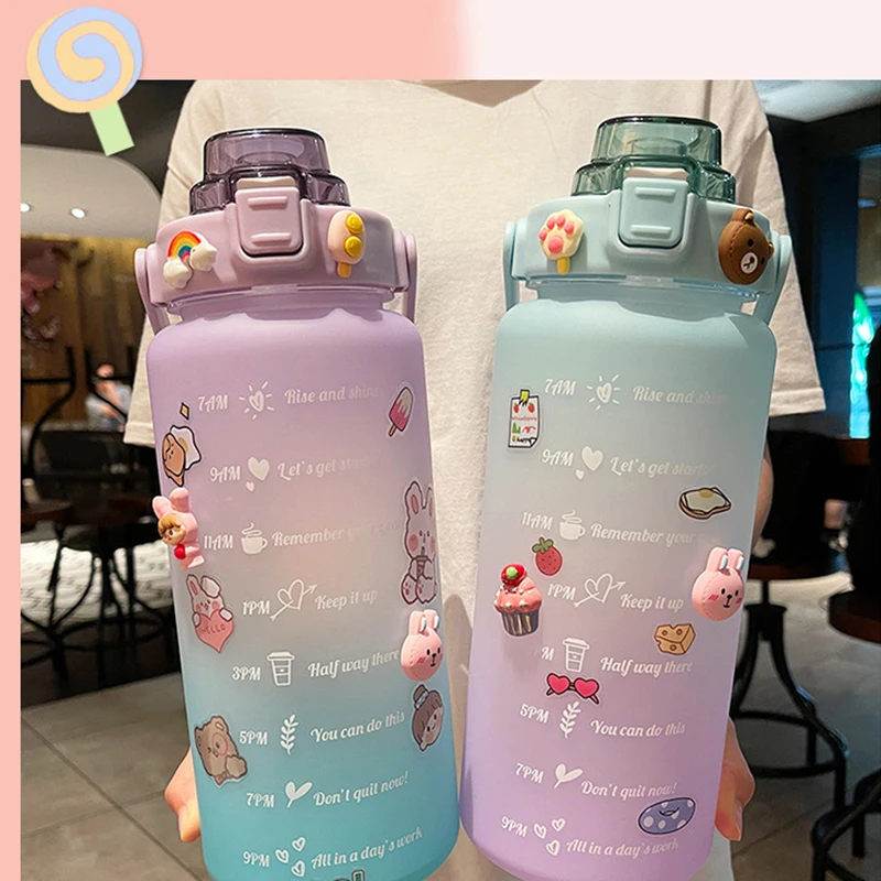

2L Large Capacity Water Bottle With Bounce Cover Time Scale Reminder Frosted Leakproof Cup For Outdoor Sports Fitness Water Cup