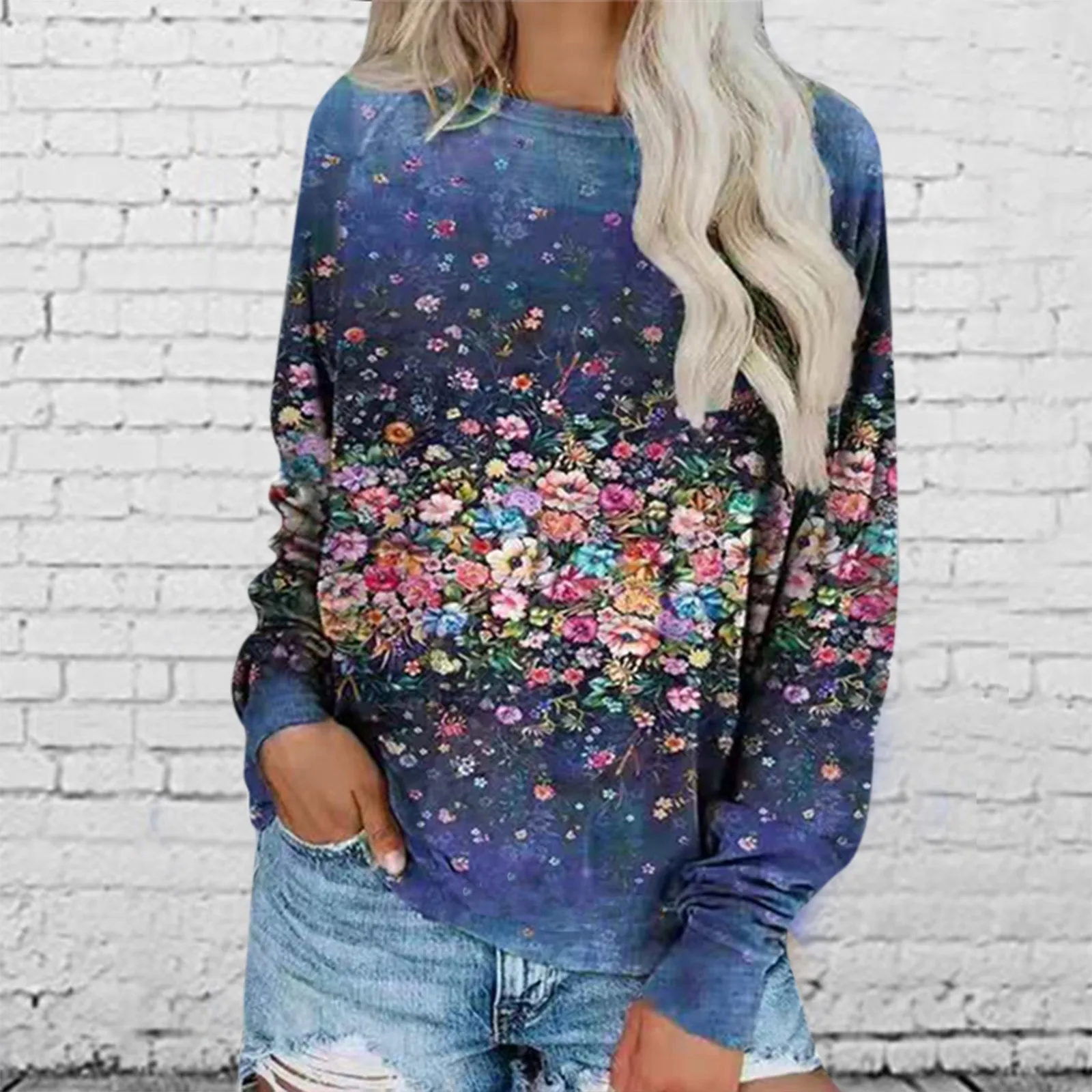 

Winter Spring Womens Casual T-shirts Long Sleeve Flower Print Aesthetic Tee Vintage Crewneck Loose Tops 2021 Ropa Mujer A40