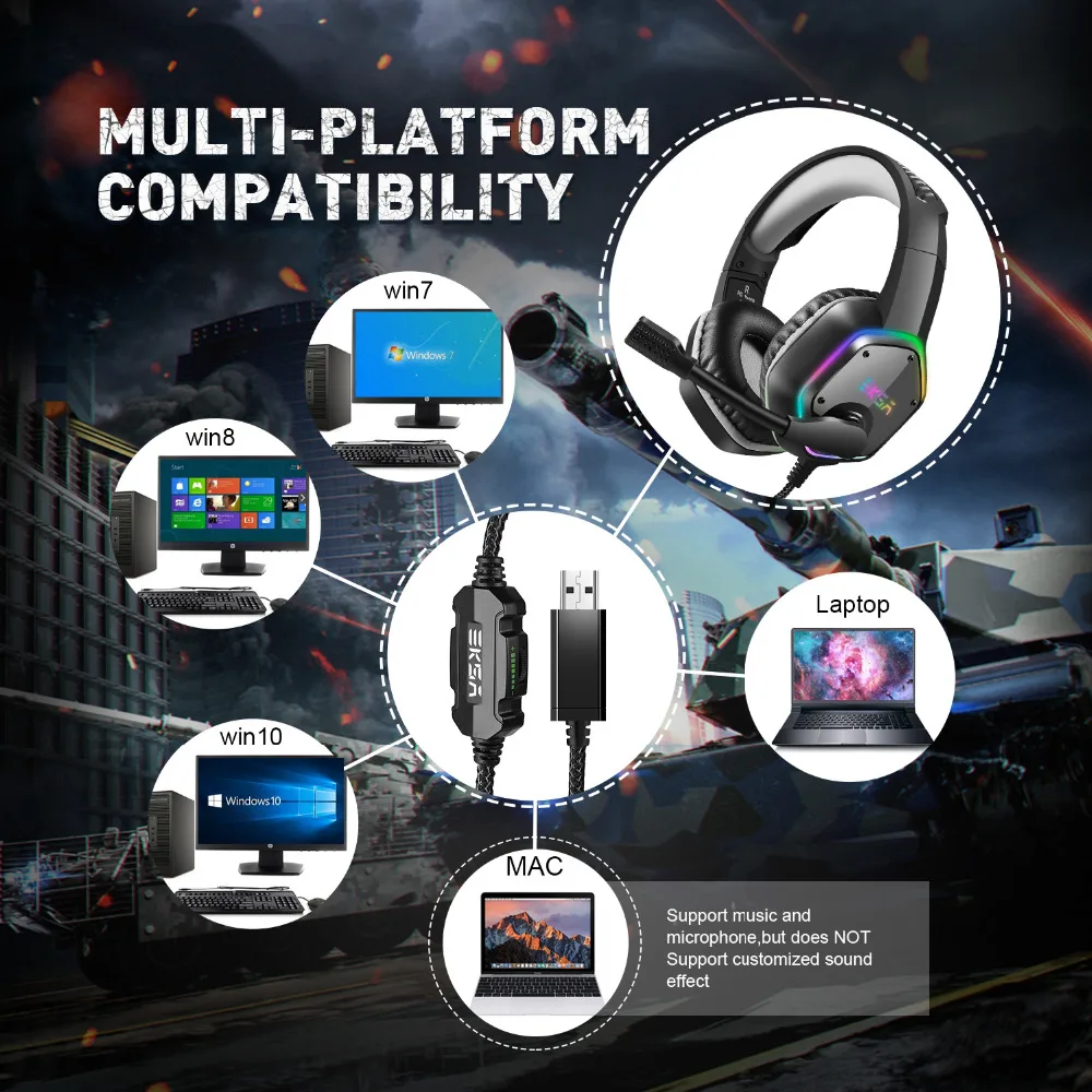 EKSA E1000 7,1 Surround Sound Gaming Headset С микрофоном для PS4/Xbox Один/PC Gamer стерео USB проводных наушников RGB светодиодный светильник