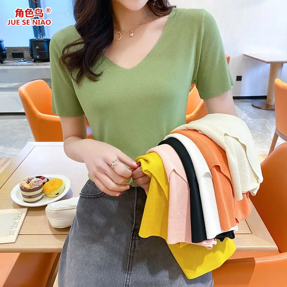 

Женская летняя футболка размера плюс с коротким рукавом, женская трикотажная блузка, пуловер с V-образным вырезом, женские футболки, топы, же...