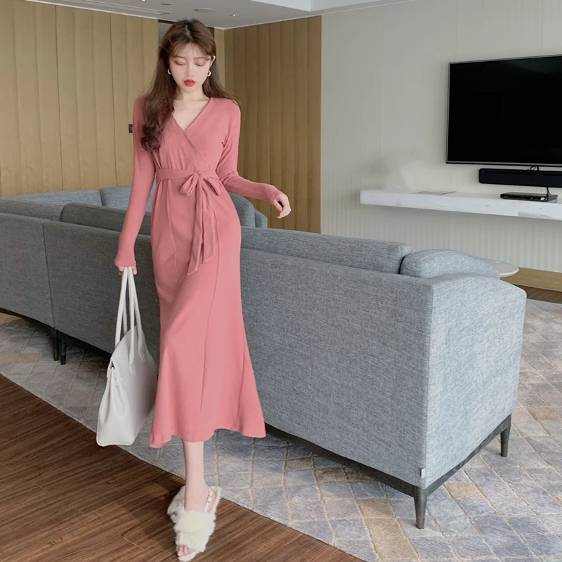 

Spring Autumn Temperament Purple V-Neck Mid-Length Lace-Up Waist Elegant Women's Dress