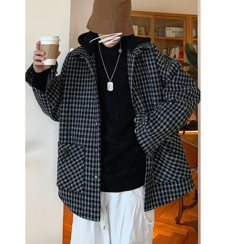 

Men's jacket 2020 Autumn winter new slim solid color checked print hoodie jacket loose casual personality youth men's wear
