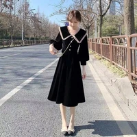 elegant vintage dress woman autumn winter kawaii lolita midi dresses sweet cute puff sleeve preppy style sundress fashion robe