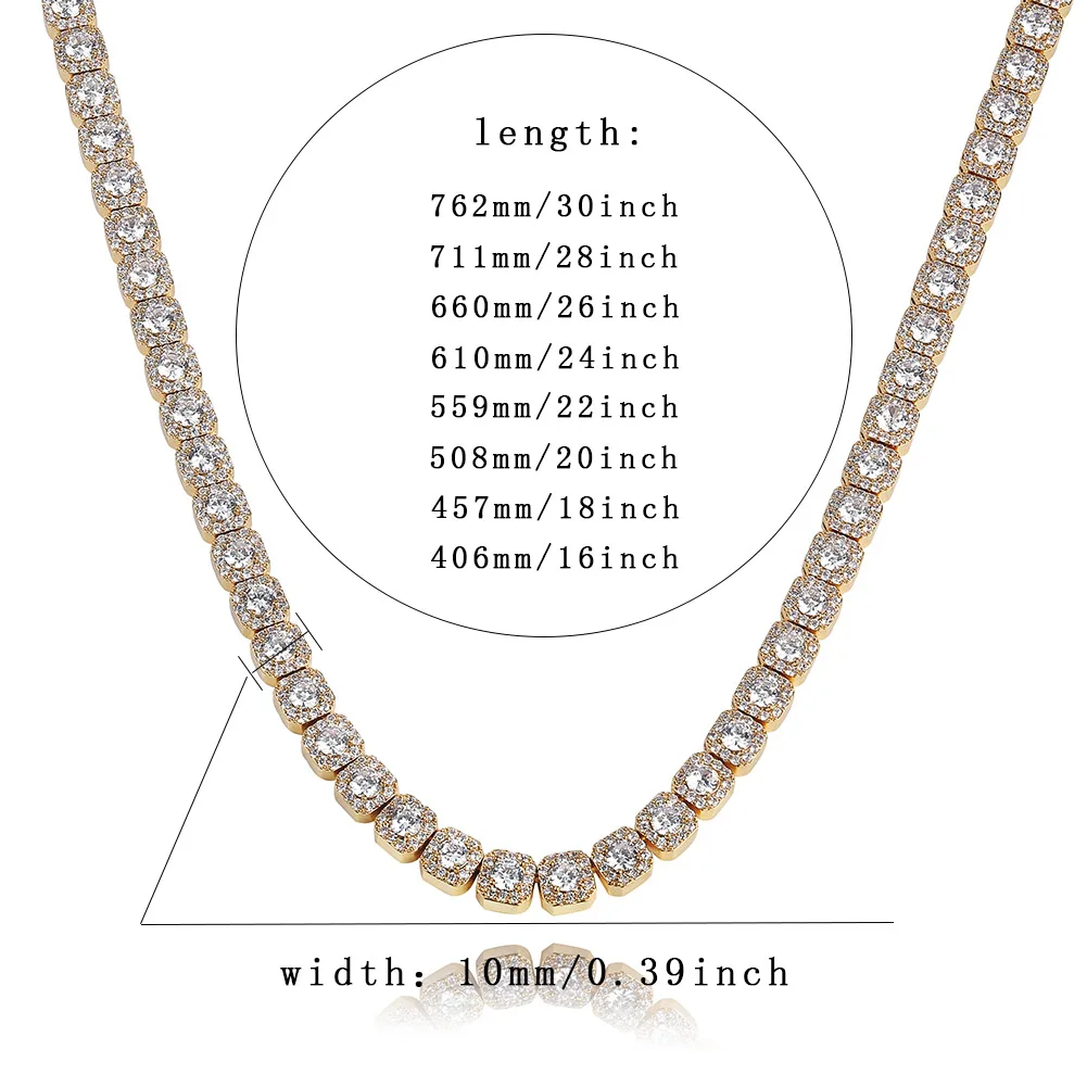 

GUCY Hip Hop Necklace Gold Silver Color Plated 10mm Micro Pave Multi CZ Stones 1 Row Square Tennis Chain Necklace Gift