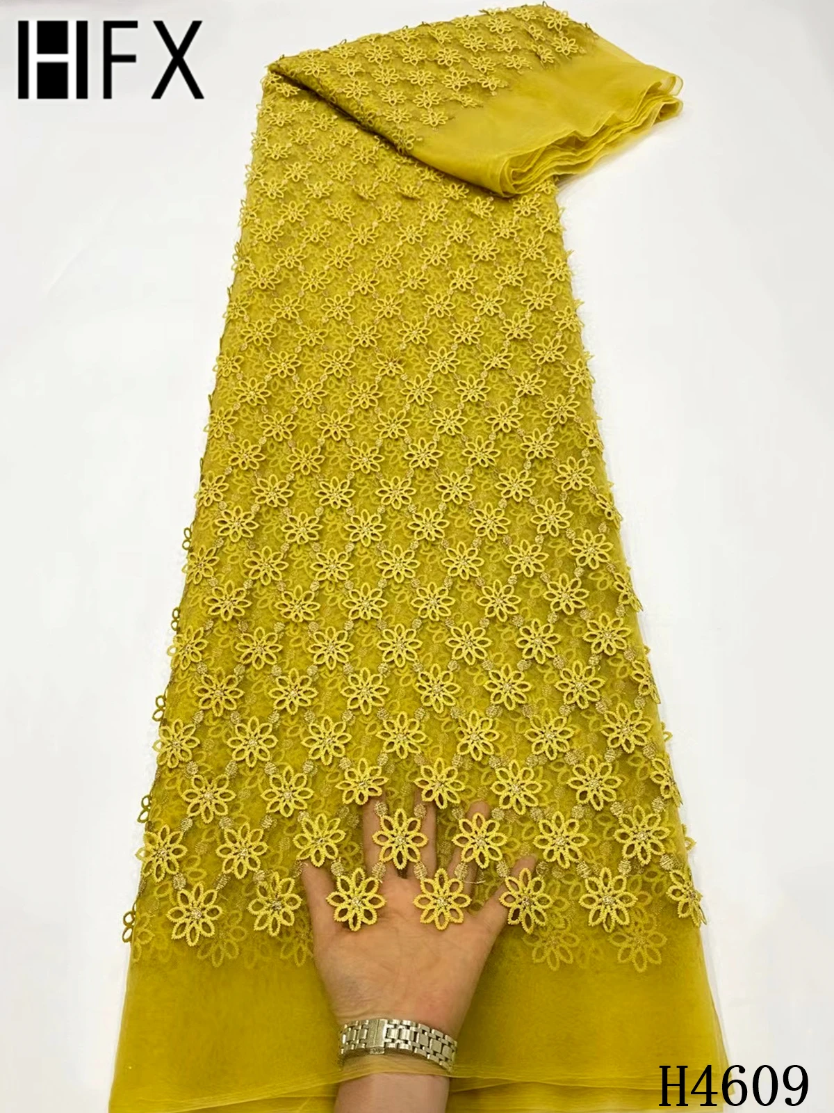 

HFX New African French Lace Fabric 2021 High Quality Floral Embroidery Tulle Mesh Lace Fabric For Nigerian Party Dress F4609