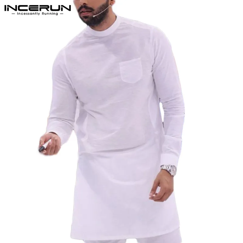 INCERUN Fashion Men T Shirt Solid O Neck Long Sleeve Pockets Hip-hop Tops Pakistan Casual Indian Long T-shirt Men Clothing