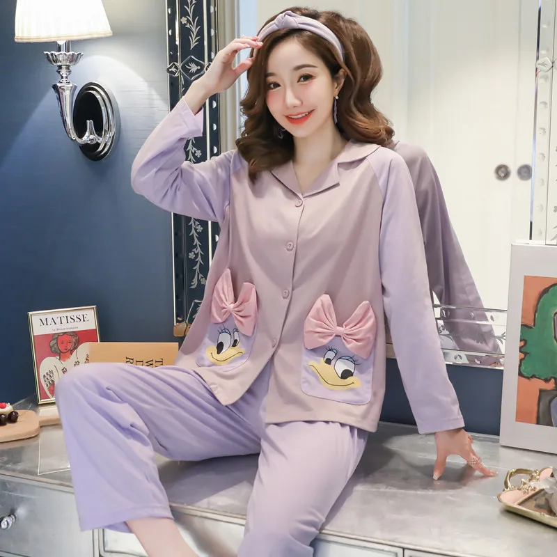 

Autumn And Spring New Pajamas Women's Two-piece Suit Cardigan Long-sleeved Sleepwear Trousers Korean Style Thin Ladies Homewear