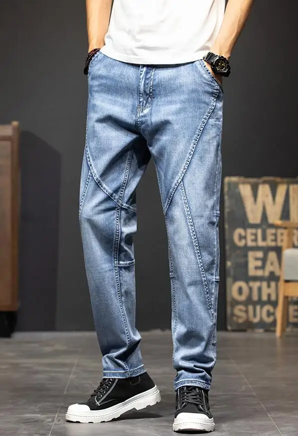 Men Jeans Thin Stretch Jeans Men Loose Straight-Leg Casual Mid-Waist Denim Trousers Size 28-44