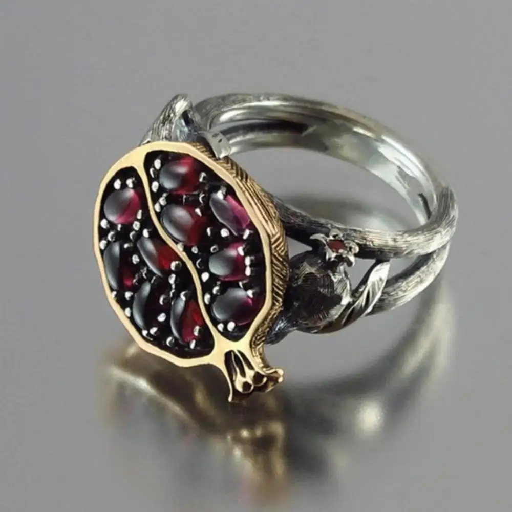 

ZG 2020 New Antique Round Natural Red Garnet Ring Crystal Stone Leaf Pomegranate Rings For Women Wedding Party Jewelry