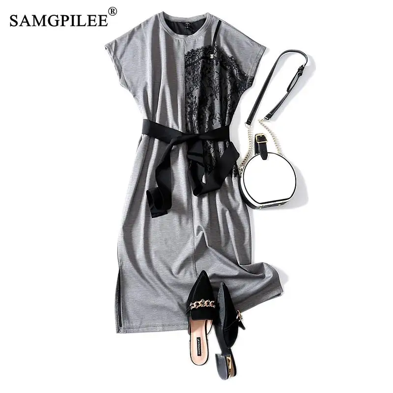 Платье женское ТРАПЕЦИЕВИДНОЕ кружевное до колен с коротким рукавом и круглым