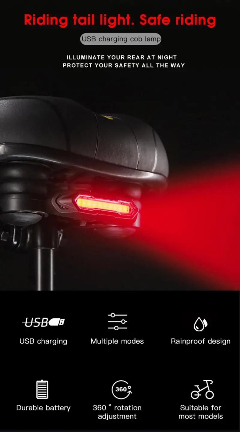 

USB Rechargeable Bicycle Taillight Waterproof Bike Rear Light COB Riding Taillight Highlight MTB Bike Taillights MTB Accessories