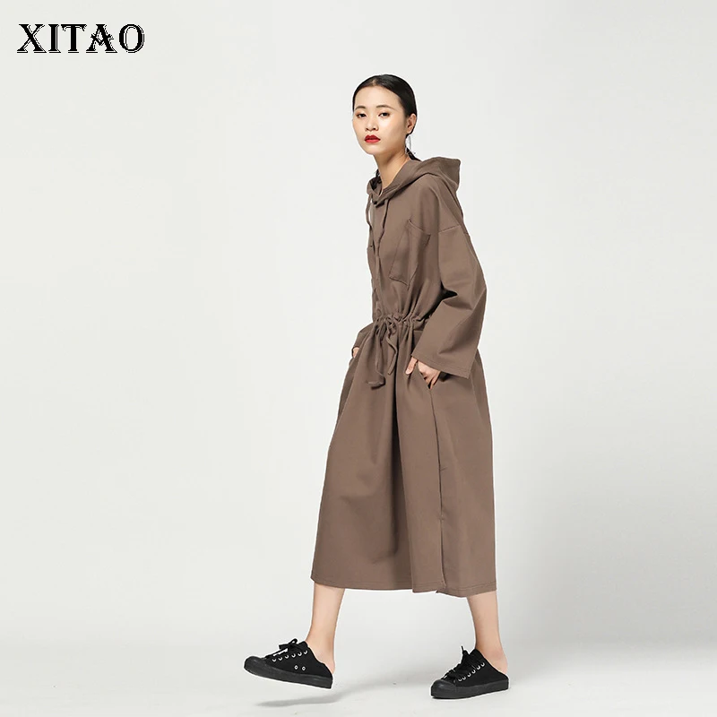 XITAO Waist Long Hoodies Midi Dress Korea Fashion New Pocket Drawstring Pullover Wild Joker 2019 Autumn Split ZLL1379 | Женская одежда