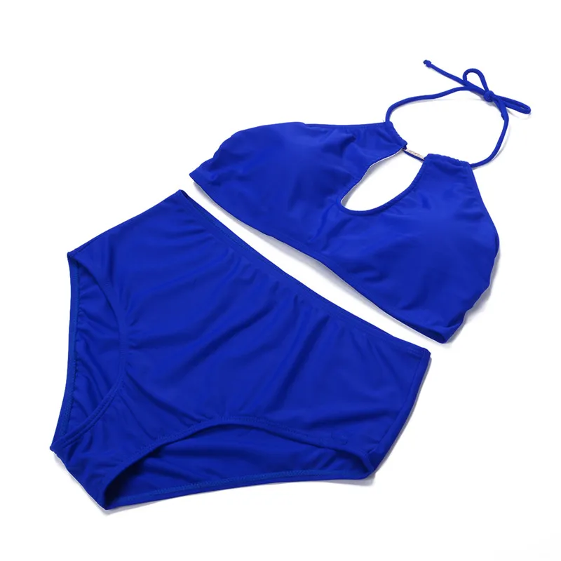 Женский купальник с высокой талией однотонное бикини открытой спиной черный