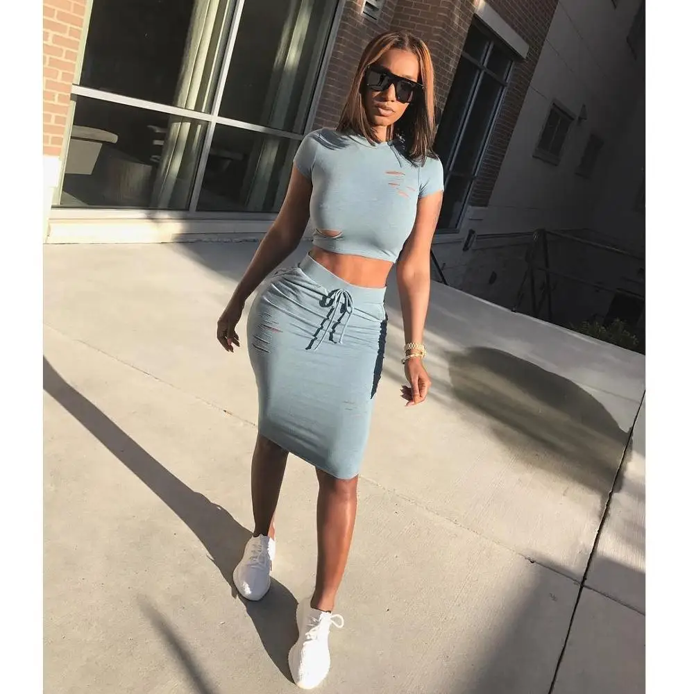 

Solid color Casual Hollow out Two Pieces Sets Women Hole Short Sleeves T shirt Sexy set Summer Crop Tops and Skirts New arrival