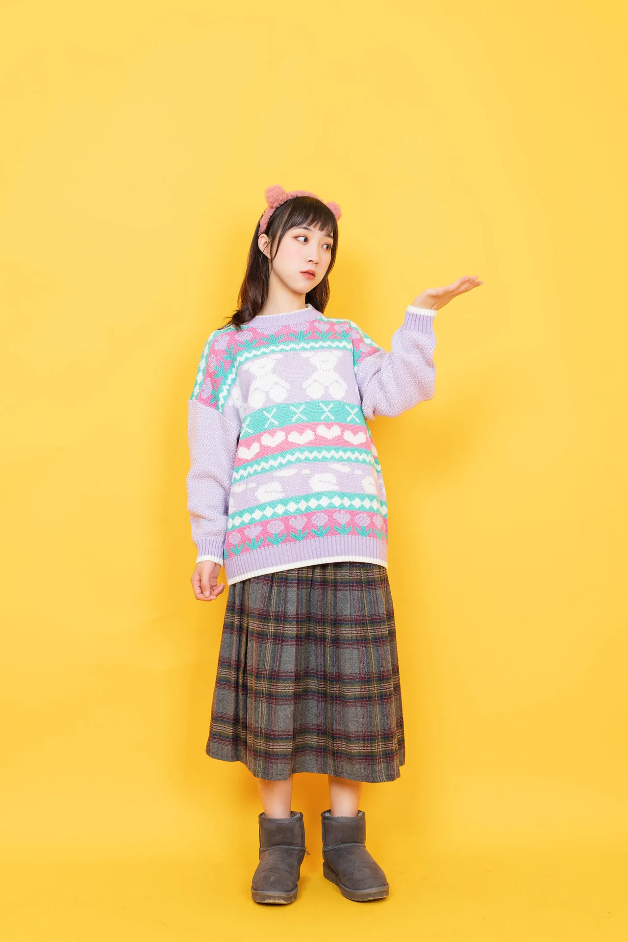 Harajuku фиолетовый Медвежонок жаккард осень зима новый дизайн Винтажный Женский