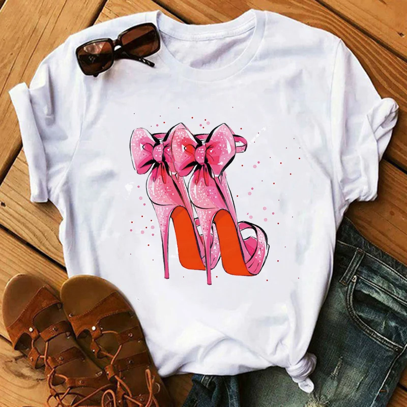

2021 Summer Women Tshirt Fashion High Heels Printed Short Sleeve Tops Casual T-Shirts Women's Clothing Female Vogue Shirts