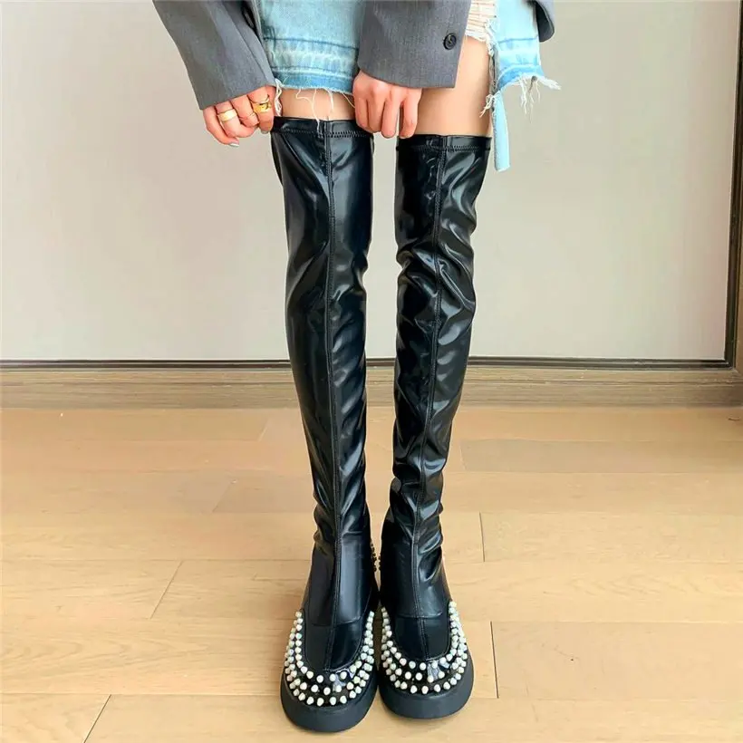 

Punk Goth Women Cow Leather Round Toe Thigh High Boots Over the Knee Spike Studded Platform Creeper Shoe Party Oxfords EUR35 -43