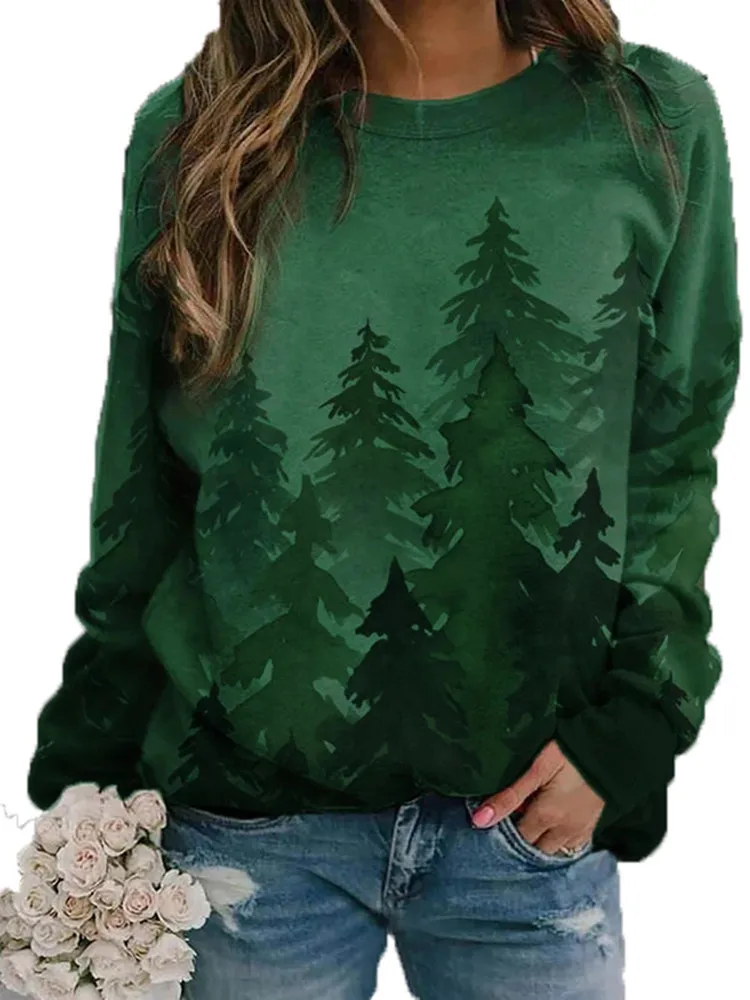 

2021 Loose Pullover Large Size Top Crew Neck Coat Long Sleeve Sweatshirt Woman Tie Dye Printing Christmas Tree Female