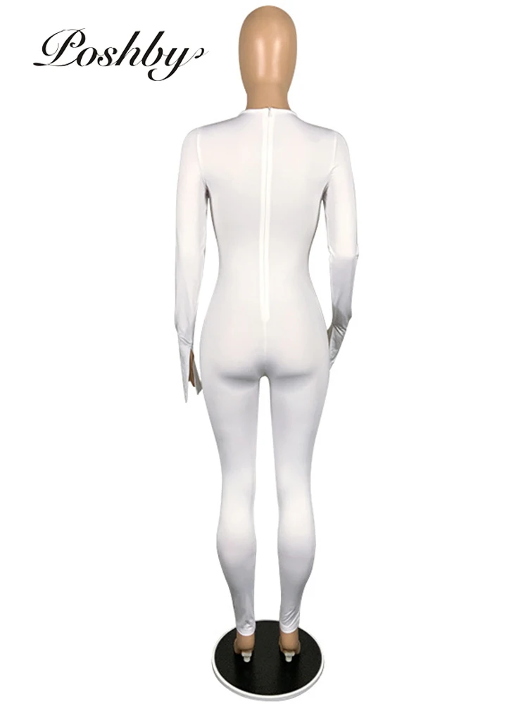 

Poshby Knitted Jumpsuit Women Ribbed Chain Rompers Sexy Strench Club Wear Solid Long Sleeve Hollow Out Overalls 2021 Sports Wear
