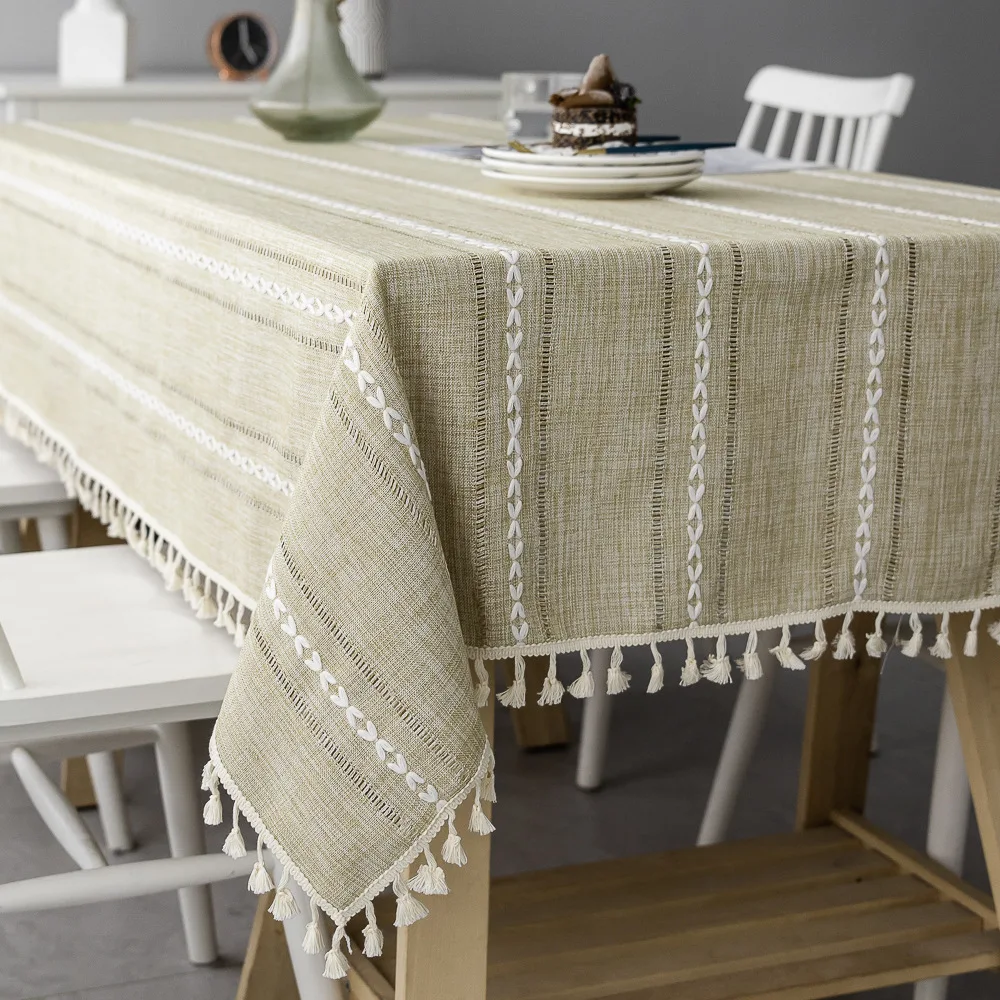 

Nordic Tablecloth Green Hollow Embroidered Jacquard Striped Rectangle Table cloth Cotton Linen Dining Table Cover Decor