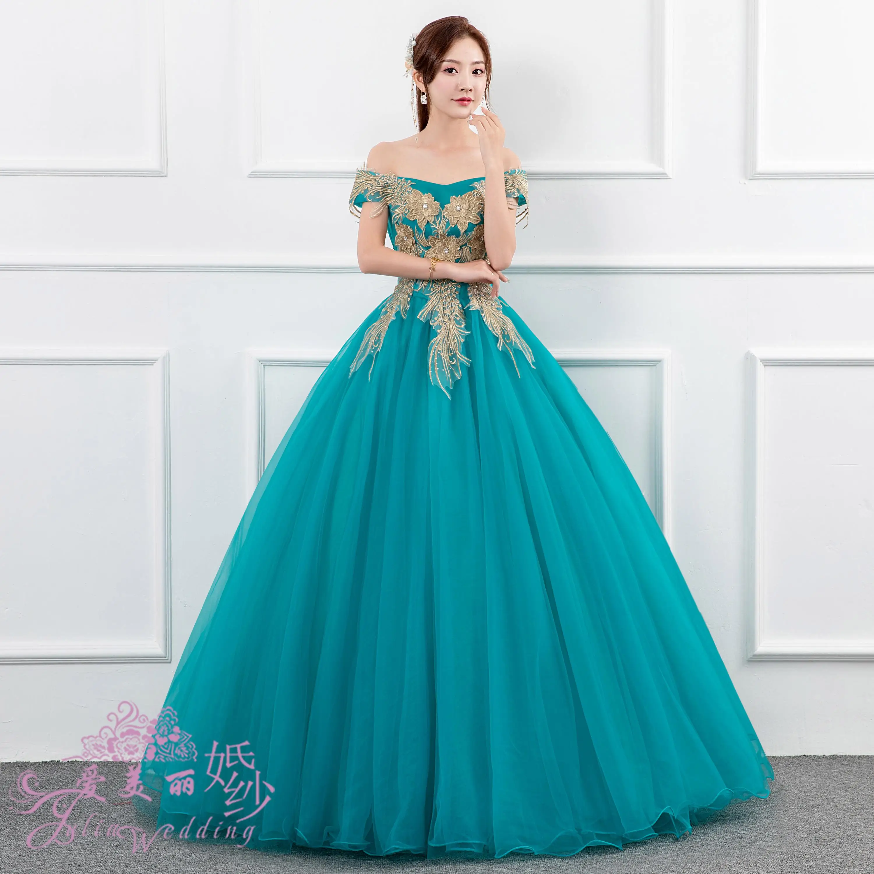 Бирюзовое Тюлевое бальное платье платья для Quinceanera с открытыми плечами без