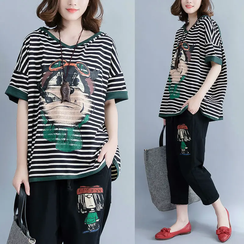 

PIPIMOTHER Women Loose Casual Short Sleeve T-shirt Large Size Striped T-shirt