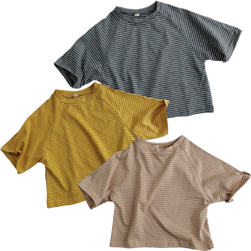 

Summer Kids T-shirt Stripe Fashion Solid Girls Tees Short Sleeve Cotton Boys Tops Korean Casual Children Clothes For 1-6Yrs