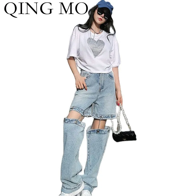 

QING MO 2021 Summer New Women Clothing Chain Detachable Jeans Loose Casual Straight-leg Pants TT096Q