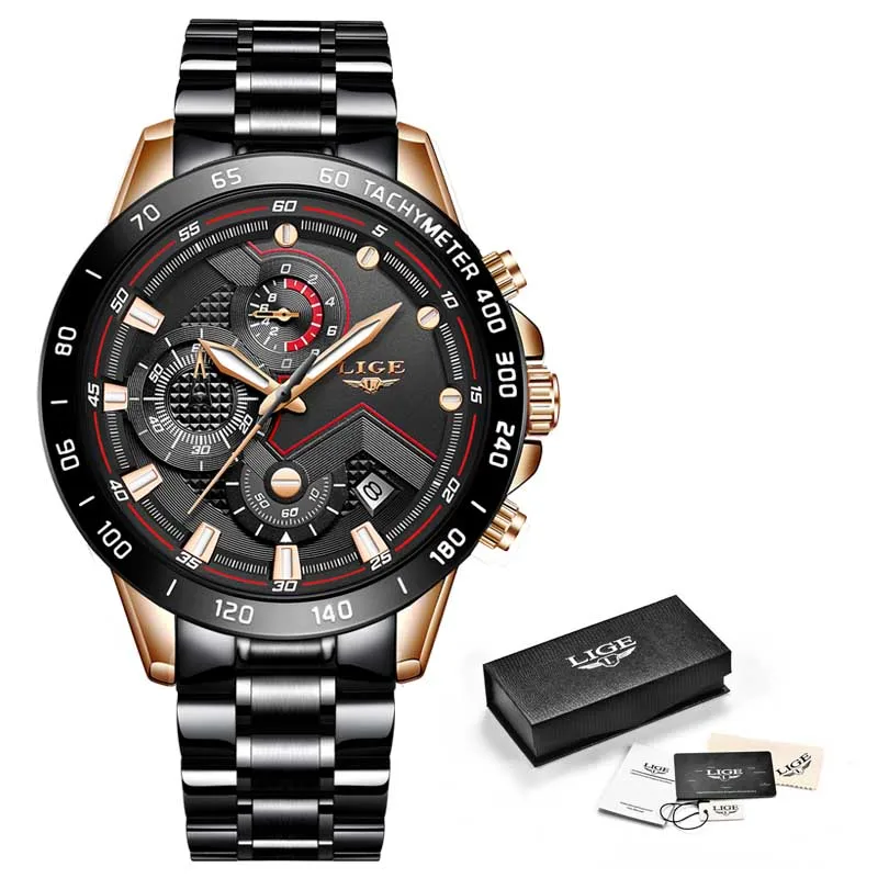 ROSE GOLD BLACK Relogio Masculino LIGE Топ Роскошные деловые мужские часы из нержавеющей стали водонепроницаемые армейские военные кварцевые часы мужские часы с большим циферблатом - Цвет: ROSE GOLD BLACK